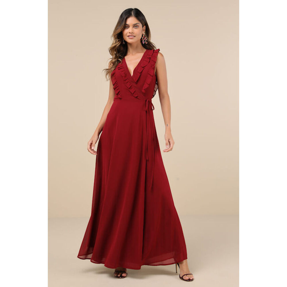 Lulus Major Elegance Wine Red Sleeveless Ruffled Wrap Maxi Dress - Size XL